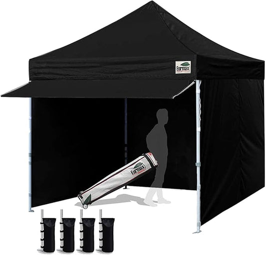 Eurmax USA 10 x 10 Pop up Canopy Commercial Tent Outdoor Party Canopies with 4 Removable Zippered Sidewalls and Roller Bag Bonus 4 Canopy Sand Bags & 24 Squre Ft Extended Awning(Black)
