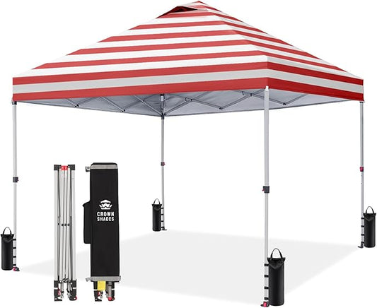 CROWN SHADES 10x10 Pop Up Canopy - Beach Tent with One Push Setup - Easy Outdoor Sun Shade for Events, Parties, Camping - Gazebo with STO-N-Go Cover Bag, Silver Coated Top, Red Strips