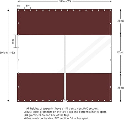 20 Oz Outdoor Vinyl Curtain with Double Sided Zip, Outdoor Clear Panel Curtain, Weather Resistant Outdoor Curtain for Pergola, Porch, Gazebos, with Rustproof Grommets (10'H x 10'W, Brown)