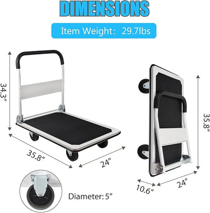 LEADALLWAY Platform Truck Large Size 880lbs Heavy Duty Foldable Push Cart 35.8x24x34.3inches White