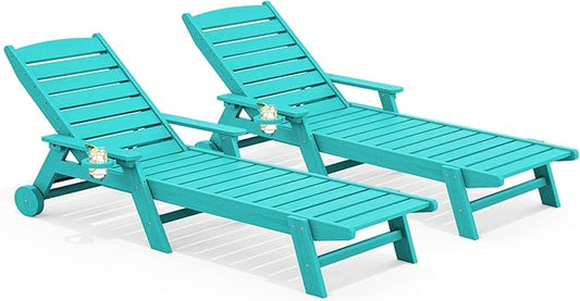 SERWALL Patio Chaise Lounge Chair Set of 2, 78'' Long 5-Positions Adjustable HDPE Outdoor Lounger for Pool, Poly Lounge Chair with Rolling Wheels & Cup Holder for Poolside, Deck, Aqua Blue