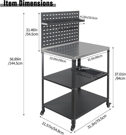 Three-Tier Grill Cart with Hanging Plate,Grill Table with 2 Locking Casters for Patio and Backyard,Stainless Steel Pizza Oven Stand Table,Black