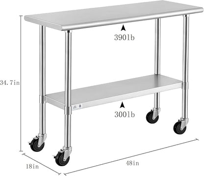 ROCKPOINT Stainless Steel Table for Prep & Work with Caster Wheels 18x48 Inches, NSF Metal Commercial Kitchen Heavy Duty Table with Adjustable Under Shelf and Table Foot for Restaurant, Home and Hotel