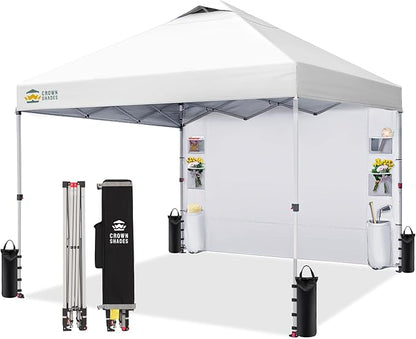 CROWN SHADES Canopy Tent 10x10 Pop Up Canopy Outdoor Shade with Pockets Sidewall, Easy Up Sun Shelter with One Person Set Up Center Lock, Portable Instant Camping Beach Canopy Tents, Grid White