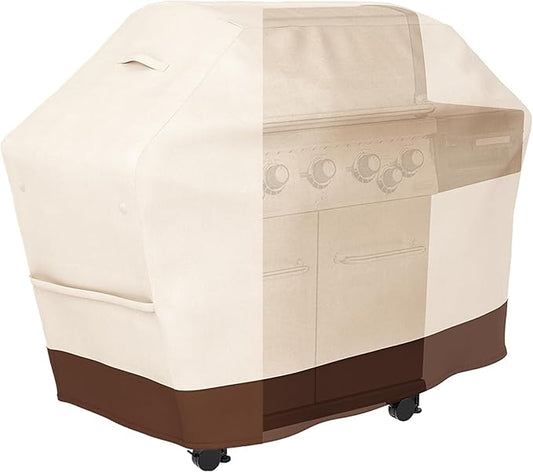 Tuyeho Grill Cover 65 x 24 x 46 inch, 600D Heavy Duty Gas BBQ Cover w/Side Fasteners Straps, Waterproof & Weather Resistant for Your Weber, Char-Broil, Brinkmann, Holland, Jenn Air (Beige & Brown)