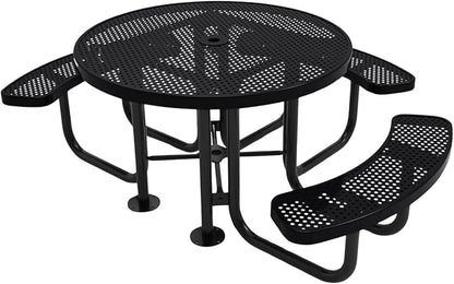 COATEDOUTDOORFURNITURE Heavy-Duty Portable Outdoor Picnic Table with Umbrella Hole, Punched Steel Patio Dining Furniture Made in America (46" Round Top, Black)