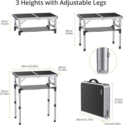 Anbte Folding Camping Table, Aluminum 24" x 16" Adjustable Height Small Folding Table with Carrying Handle, Lightweight, Portable Camping Table Waterproof for Outdoor Indoor Picnic Beach BBQ (Black)
