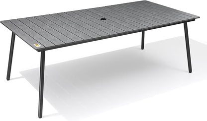 83" Patio Outdoor Dining Table for 6-8, Weather-Resistant Aluminum Frame with Wood-Grain Top & Umbrella Hole for Deck Gatherings, Grey
