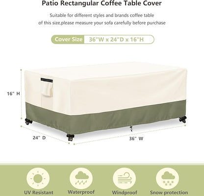 Outdoor Coffee Table Cover 36 W x 24 D x 16 H Inches,600D Heavy Duty Waterproof Outdoor Table Cover,Patio Rectangle Table Covers,Beige