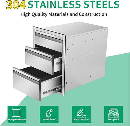 Outdoor Kitchen Drawers 16" W x 21" H x 23" D Stainless Steel Triple Drawers with Hidden Handle for BBQ Island, Patio Grill Station & Outdoor Kitchen Cabinets
