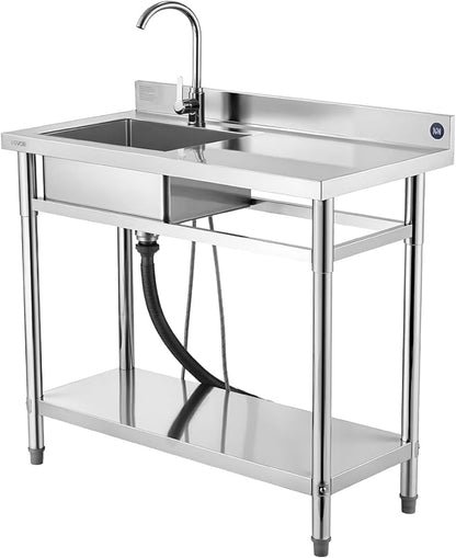VEVOR Stainless Steel Utility Sink, Free Standing Single Bowl Commercial Kitchen Sink with Faucet, 39.4 x 19.7 x 37 in, Utility Right Basin with Hot & Cold Water Pipe for Garage, Restaurant, Laundry