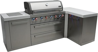 Mont Alpi MAi805-90 44-inch 6-Burner 115000 BTU 90 Degree Corner Stainless Steel Gas Outdoor Kitchen Bar Barbecue Island Grill + Infrared Side & Rear Burners + Granite Countertops + Storage Drawers