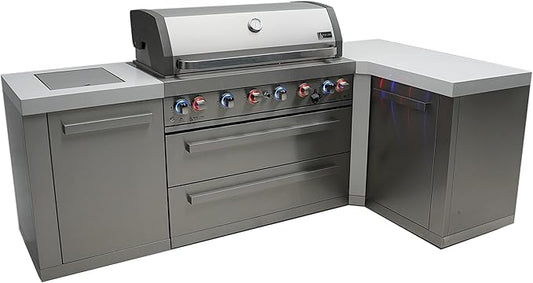 Mont Alpi MAi805-90 44-inch 6-Burner 115000 BTU 90 Degree Corner Stainless Steel Gas Outdoor Kitchen Bar Barbecue Island Grill + Infrared Side & Rear Burners + Granite Countertops + Storage Drawers