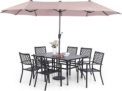 Sophia & William Patio Dining Set with 13ft Double-Sided Patio Umbrella, 8 Piece Metal Outdoor Table Furniture Set with 6 Stackable Chairs, 1 Rectangle Dining Table and 1 Large Beige Umbrella