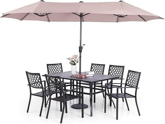 Sophia & William Patio Dining Set with 13ft Double-Sided Patio Umbrella, 8 Piece Metal Outdoor Table Furniture Set with 6 Stackable Chairs, 1 Rectangle Dining Table and 1 Large Beige Umbrella