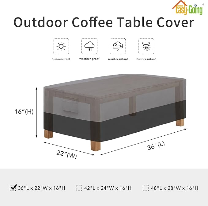 Easy-Going Patio Coffee Table Cover Small Outdoor Rectangular Table Cover, UV Resistant Waterproof Patio Furniture Ottoman Cover (36" Lx22 Wx16 H, Gray/Black)
