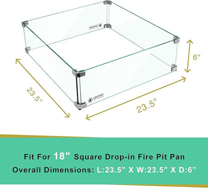 Holy Fire 23.5" L x 23.5" x 6" Square Fire Pit Glass Wind Guard Clear Tempered Glass Flame Protective Pane Wind Resistant - Fits 18” Square Fire Pit Burner Pan