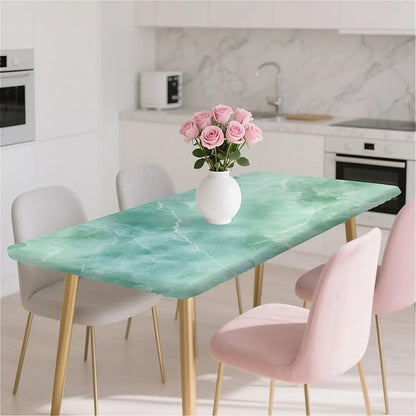 Rectangle Table Cloth Cover Waterproof Elastic Fitted Polyester Fitted Tablecloths for 8 Foot Tables for Indoor,Picnic, Camping, Outdoor （96" x 30"，Green Marble）