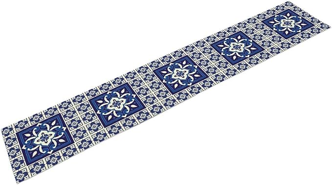 Mexican Table Runner, Blue Floral Birds Mexico Talavera Tiles Ceramic Dia De Los Muertos Coffee Table Center Decor for Family Kitchen and Dining Farmhouse Indoor Outdoor Table Decorations, 13"x108"