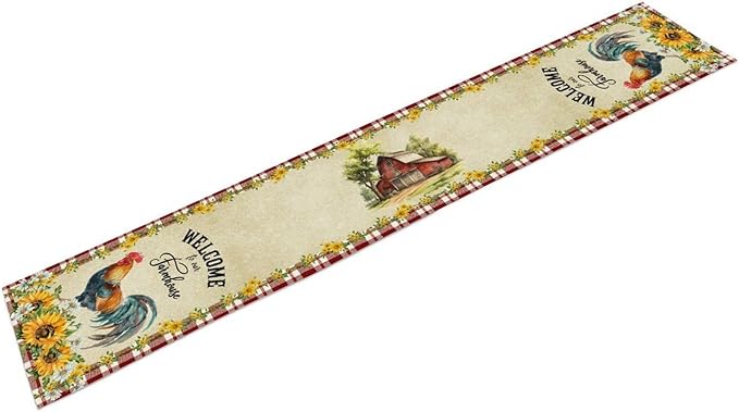 Rooster Table Runner, Farmhouse Red Plaid Sunflower Floral Chicken Farm Cow Pig Rustic Coffee Table Center Decor for Family Kitchen and Dining Room Outdoor Country Party Table Decorations, 13"x36"
