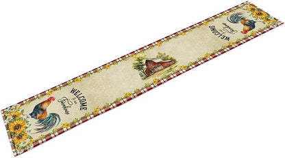 Rooster Table Runner, Farmhouse Red Plaid Sunflower Floral Chicken Farm Cow Pig Rustic Coffee Table Center Decor for Family Kitchen and Dining Room Outdoor Country Party Table Decorations, 13"x36"