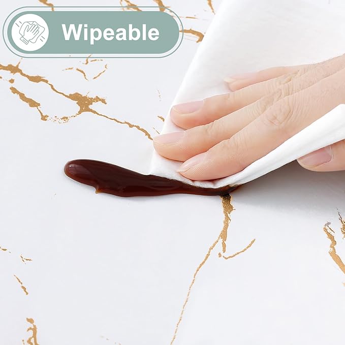 misaya Rectangle Waterproof Vinyl Table Cloth, Wipeable Tablecloth with Flannel Backing, Plastic Table Cover for Dinner, Picnic, Indoor and Outdoor (White Gold Marble, 60" x 102")