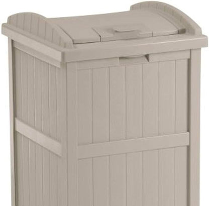 Suncast 33 Gallon Trash Hideaway Easy Assembly Durable Plastic Garbage Container with Wood Look Design, 1 Beige and Brown (2 Pack)
