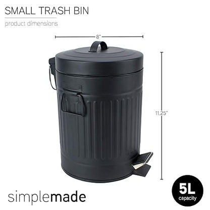 SIMPLEMADE Round Step Trash Can, Stainless Steel with Lid, Small Metal Wastebasket/Garbage Can for Bathroom, Office, Black, 5 Liter / 1.3 Gallon -