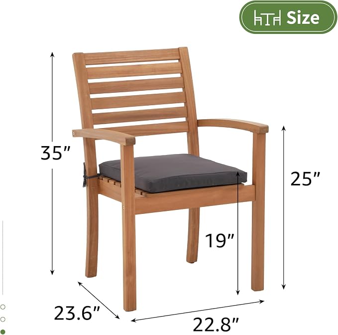 Stackable Patio Dining Chairs Set of 2, Dark Grey | Outdoor Acacia Wood Chairs - Image 3
