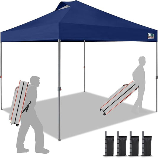 Eurmax USA NOMATTER ONE-Person Open&Close 10x10ft Pop Up Canopy Tent，Portable Shelter Canopy for Outdoor Events，Instant Canopies, Temporary Sunshade,Bonus 4 Sand Bags(Navy Blue)