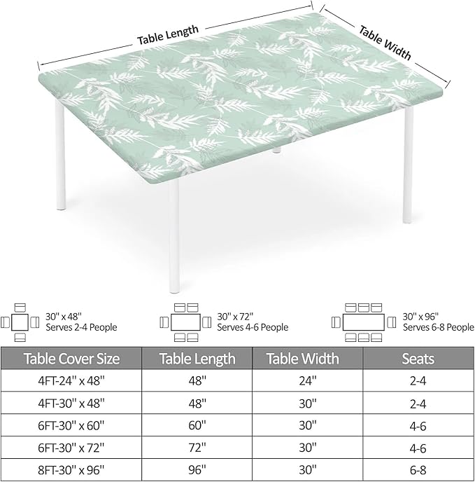 Rectangle Table Cloth Cover Waterproof Elastic Fitted Polyester Fitted Tablecloths for 8 Foot Tables for Indoor,Picnic, Camping, Outdoor （96" x 30"，Palm Leaf）