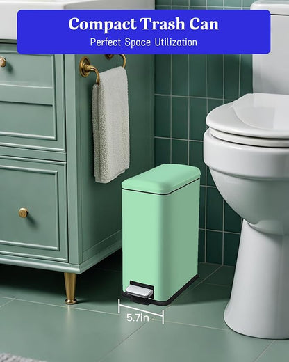 Bathroom Trash Can, 1.3 Gallon Small Trash Can with lid, Stainless Steel Garbage Can Soft Close Lid, Removable Liner Bucket, Step Pedal Waste Bin for Bathroom, Office, RV, Bedroom, Green