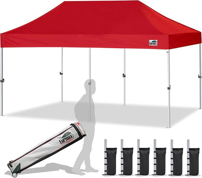 Eurmax USA 10'x20' Pop Up Canopy Tent Commercial Instant Canopies with Heavy Duty Roller Bag,Bonus 6 Sand Weights Bags (Red)