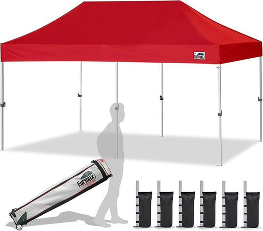 Eurmax USA 10'x20' Pop Up Canopy Tent Commercial Instant Canopies with Heavy Duty Roller Bag,Bonus 6 Sand Weights Bags (Red)
