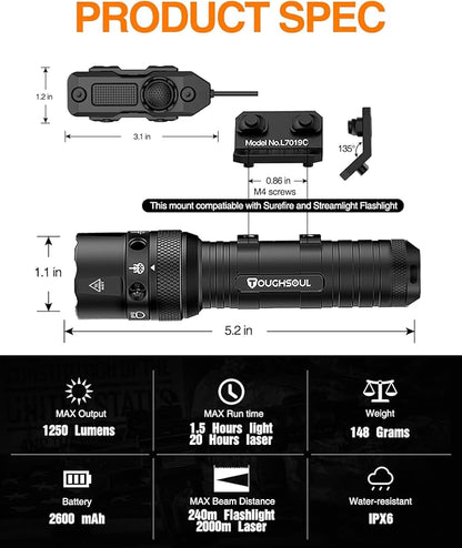 TOUGHSOUL M-Rail Green Laser Tactical Flashlight 1250 Lumens, Rechargeable Flashlight with Remote Pressure Switch LED Light with Rechargeable Batteries and Charger Included (M-Rail-Light+Laser)