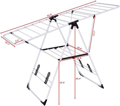 GOFLAME Steel Clothes Drying Rack with Adjustable Wings, Foldable Gullwing Collapsible Laundry Drying Rack with Shoe Holder and Shelves, Space Saving Drying Rack for Underwear, Socks, Pants