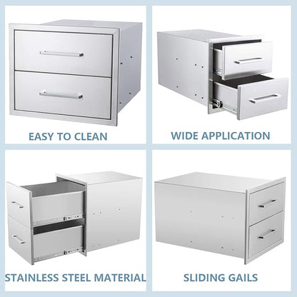 18" W x 15" H x 23" D Stainless Steel Outdoor Kitchen Drawers BBQ Drawers Double Access Flush Mount for Outdoor Kitchens Or BBQ Island