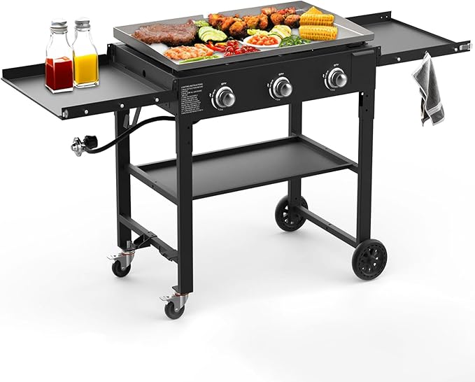 BESTFIRE 3 Burner 35" Flat Top Grill,45,000 BTU Flat Grills Outdoor Cooking with Two Foldable Shelves,Outdoor Griddle with Porcelain-Enameled Cast Iron Grate & Pan for Kitchen,BBQ& Camping