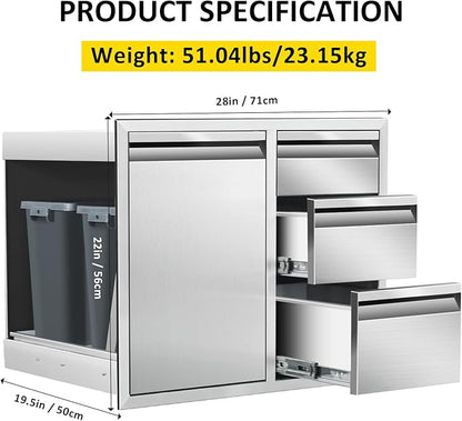Outdoor Kitchen Door Drawer Combo Cabinet 28" W x 22" H x 19.5" D Stainless Steel Built-in Triple Drawers&Left Trash Drawer Combo Cabinet for Outdoor Kitchen Island, Patio Grill Station
