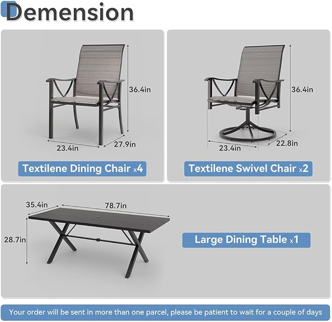 Kurapika 7-Piece Patio Dining Set, Outdoor Large Table with Umbrella Hole, 4 Stationary Chairs and 2 Swivel/Rocking Chairs, Patio Furniture Set for Garden, Deck, Porch, Pool All Weather, Brown