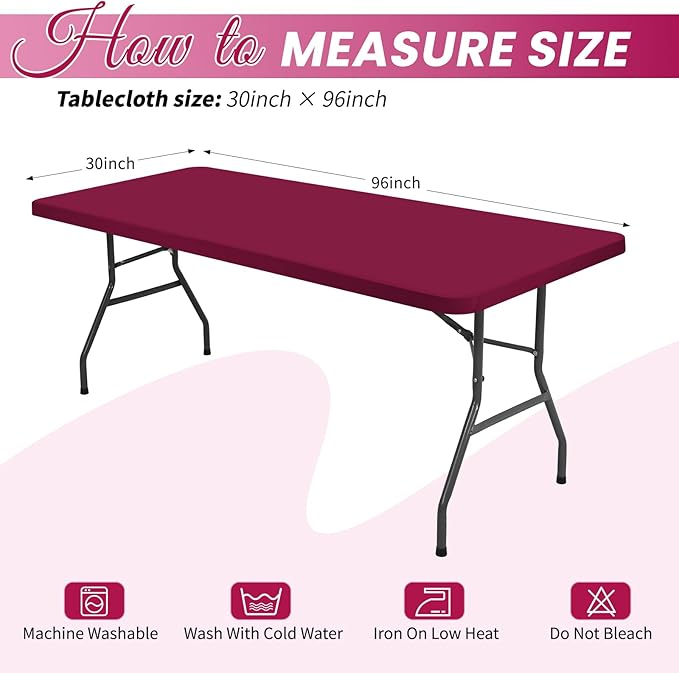 6 Pack Stretch Fabric Table Top Cap Cover, Wine Red Table Covers fits 8Ft Tables, Washable Elastic Universal Rectangle Tablecloth Protector for Indoor Outdoor Party Picnic Wedding (30" W x 96" L)