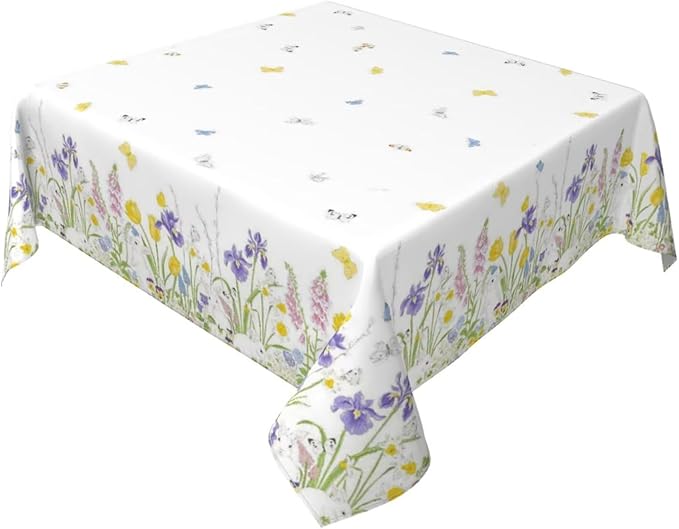 Spring Easter Tablecloth 60 x 60 Inch Square, Bunny Colorful Flower Butterfly Decorative Tablecloths Stain Resistance Polyester Rabbit Floral Table Cloth for Holiday Parties Kitchen Dining