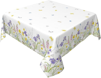 Spring Easter Tablecloth 54 x 54 Inch Square, Bunny Colorful Flower Butterfly Decorative Tablecloths Stain Resistance Polyester Rabbit Floral Table Cloth for Holiday Parties Kitchen Dining