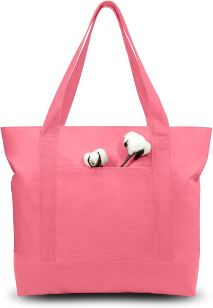 TOPDesign 1-Pack Canvas Tote Bag with an External Pocket, Reusable Grocery Shopping Bag, Top Zipper Closure, Daily Essentials (Rose Pink)