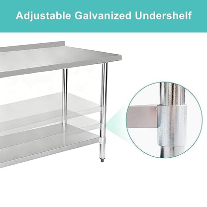 Stainless Steel Work Table 24 x 48 Inch, NSF Commercial Prep Table with Undershelf, Heavy Duty Food Prep Workstation with Backsplash