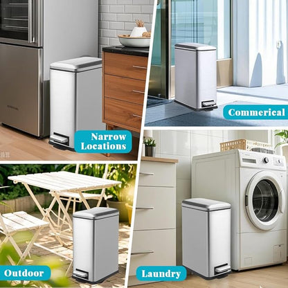 8 Gallon Trash Can, Stainless Steel Kitchen Trash Can with Removal Inner Bucket and Soft-Close Lid, Step on Trash can 30 Liters, Durable Metal Garbage Can for Home, Bathroom, Office