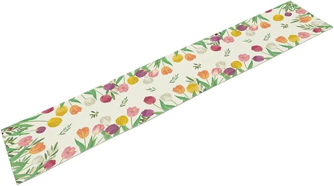 Tulips Spring Table Runner, Rustic Farmhouse Watercolor Botanical Colorful Tulips Olive Leaves Summer Garden Table Cover For Kitchen Dinning Table Indoor Outdoor Party Wedding Decor, 13x120inch