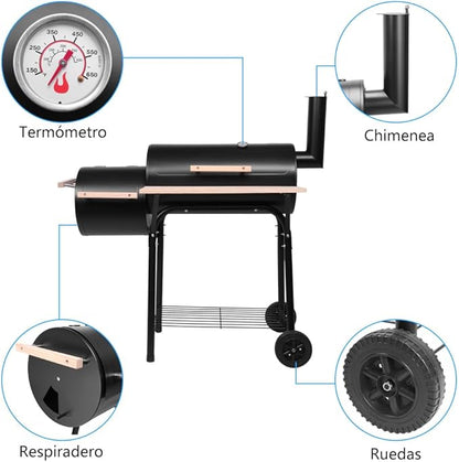 30 Inch Barrel Charcoal Grill & Smoker with Side Fire Box, Outdoor BBQ Grill for Patio Cooking with Front Wood Shelf & Wheels, Black