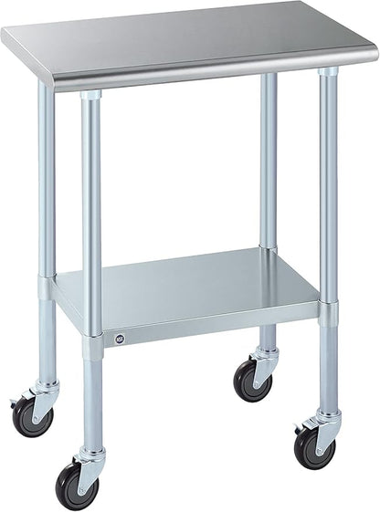 ROCKPOINT Stainless Steel Table for Prep & Work with Caster Wheels 18x30 Inches, NSF Metal Commercial Kitchen Heavy Duty Table with Adjustable Under Shelf and Table Foot for Restaurant, Home and Hotel