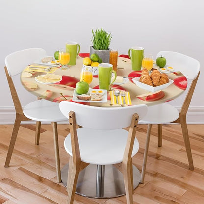 Apples Red Fruit Bright Round Table Cloth Cover, Elastic Edge Waterproof Wipeable Tablecloths 36"-42" Polyester Tablecloth for Party Restaurant Banquet Holiday Camping Outdoor Picnic